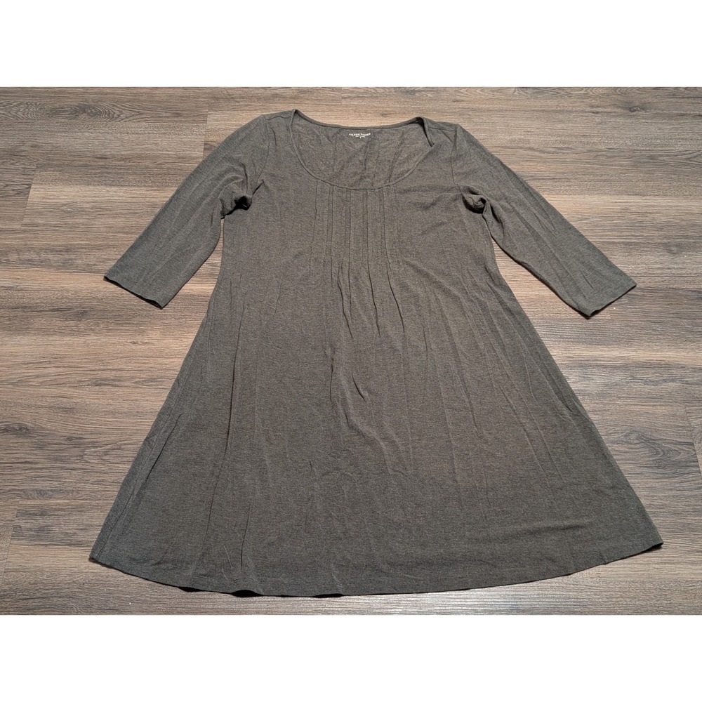 Eileen Fisher Charcoal Gray Pintuck Pleated‎ 3/4 Sleeve Jersey Tunic Dress Small